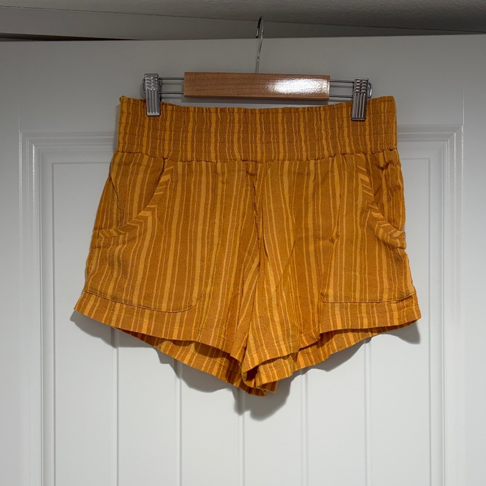 Prana Striped High-Waist Pull-On Shorts in Mustard